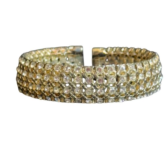 Gold-Tone Rhinestone Cuff Bracelet Women's Adjustable Fit Elegant Design - Picture 8 of 9